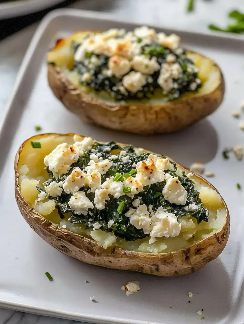 Zwei gebackene Kartoffelhälften sind mit sautiertem Spinat gefüllt und mit zerbröckeltem Fetakäse und gehacktem Schnittlauch auf einem weißen Teller garniert.