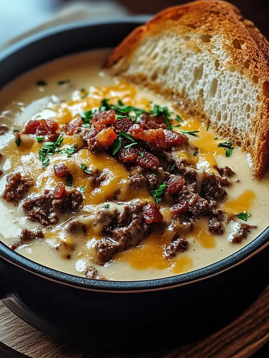 Eine Schüssel cremige Suppe garniert mit gebratenem Hackfleisch, Käse, Speckstückchen und frischen Kräutern, begleitet von einer Scheibe geröstetem Brot.