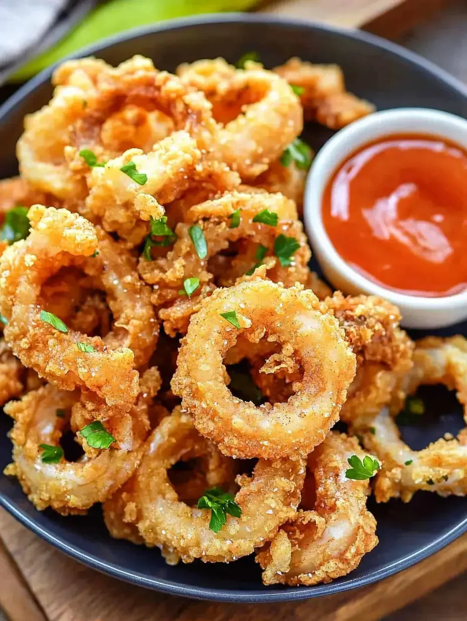 Ein Teller mit knusprigen, goldbraunen frittierten Tintenfischringen garniert mit grüner Petersilie, serviert mit einem kleinen Schälchen Dipsauce.