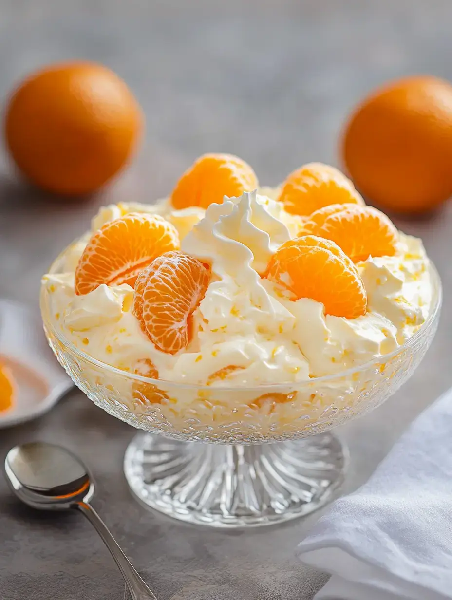 Eine durchsichtige Glasschüssel gefüllt mit Schlagsahne und Mandarinenstücken, dazu ganze Orangen im Hintergrund.