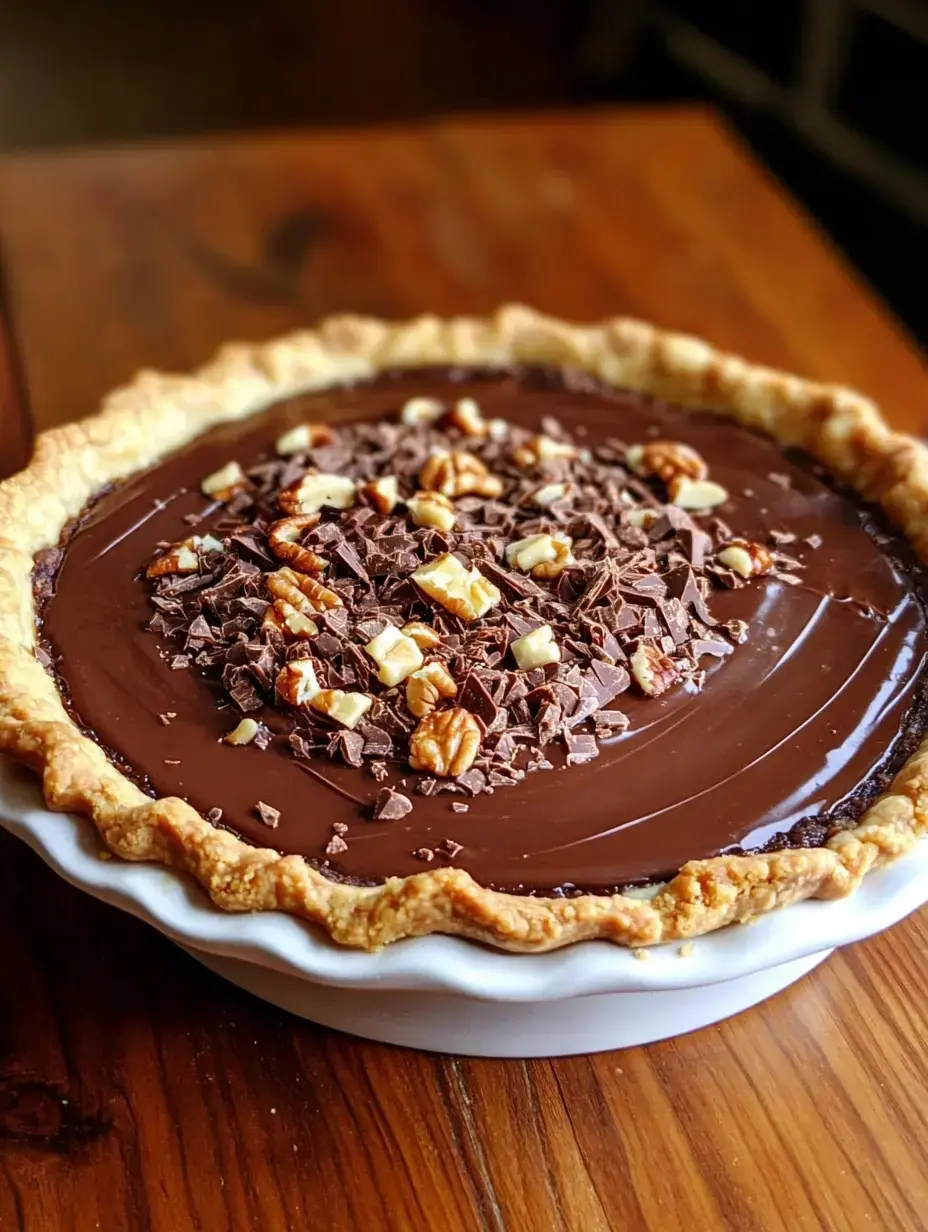 Ein Schokoladenkuchen mit gehackten Nüssen und Schokoladenraspeln steht auf einem Holztisch.