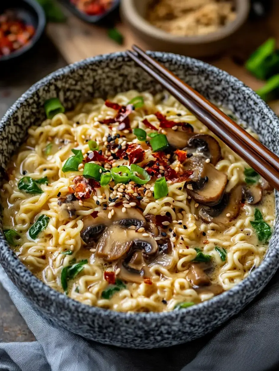 Nahaufnahme einer Schüssel Ramen-Nudeln belegt mit geschnittenen Pilzen, Frühlingszwiebeln, roten Chiliflocken und Sesamsamen, daneben ruhen Essstäbchen.