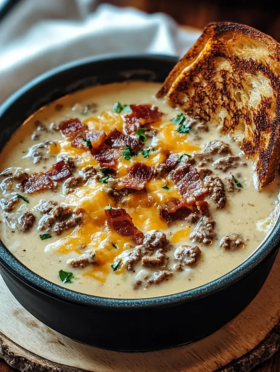 Eine cremige Suppe garniert mit Hackfleisch, knusprigem Speck, geriebenem Käse und Petersilie, begleitet von einer Scheibe geröstetem Brot.