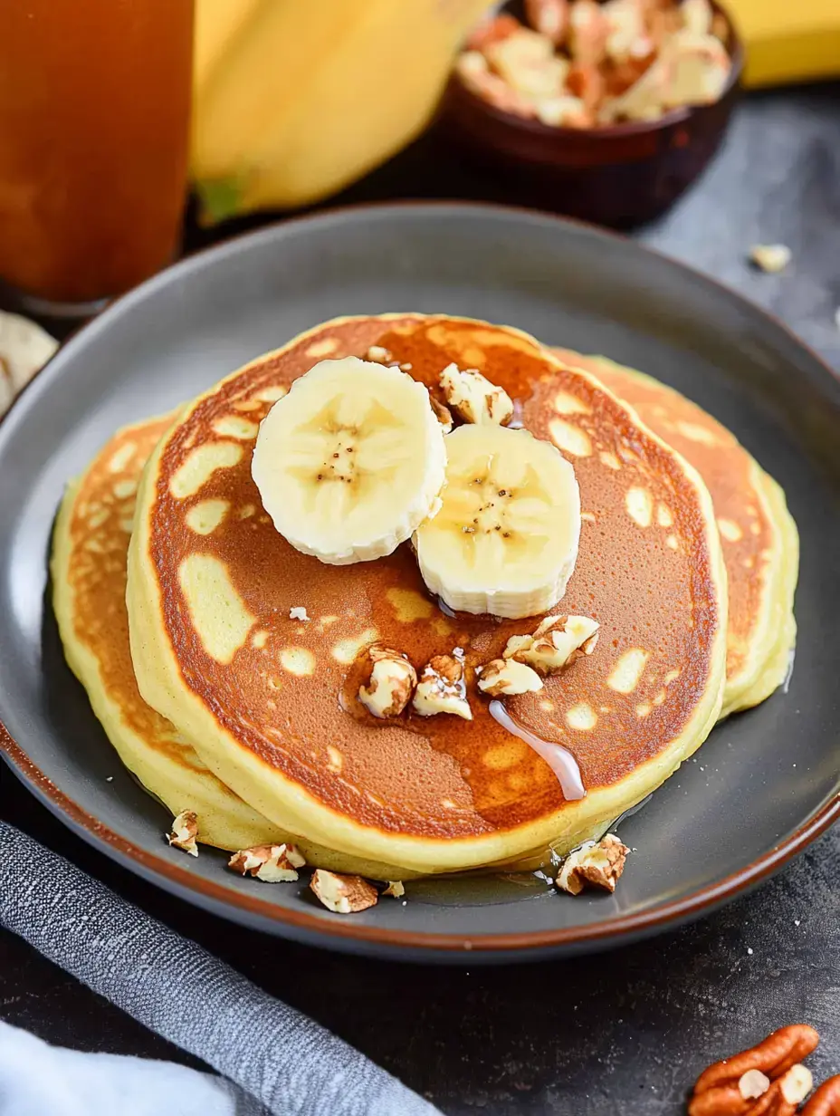 Nahaufnahme eines Tellers mit zwei fluffigen Pfannkuchen, belegt mit Bananenscheiben und gehackten Nüssen, daneben ein Glas Eistee und eine Banane im Hintergrund.