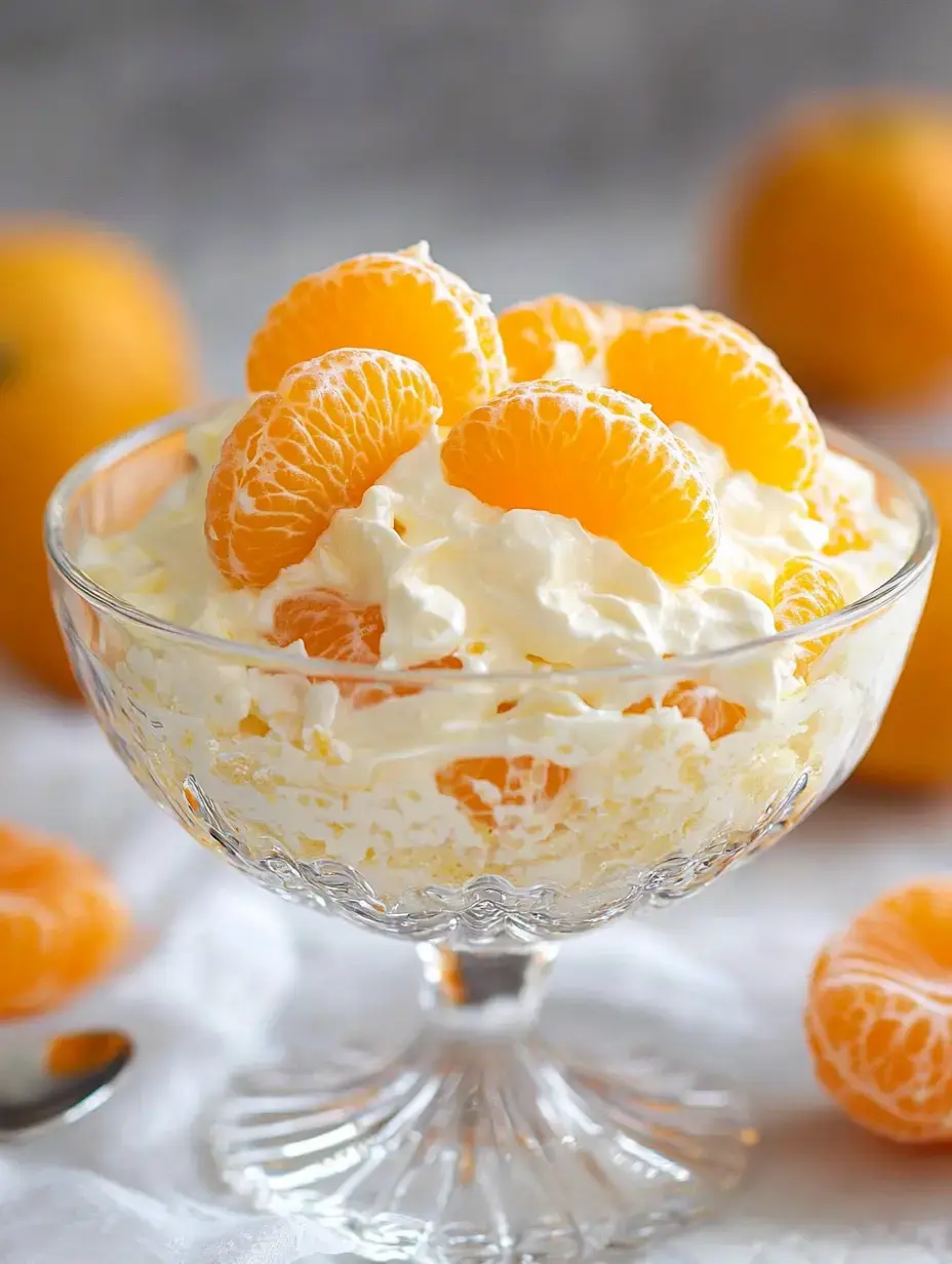 Eine Glasschüssel mit Schlagsahne und frischen Orangenstücken darauf, begleitet von ganzen Orangen im Hintergrund.