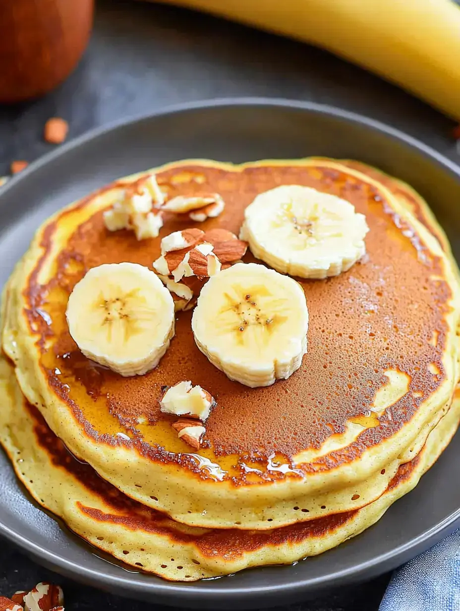 Ein Stapel Pfannkuchen mit Bananenscheiben und gehackten Mandeln, mit Sirup beträufelt, auf einem dunklen Teller mit einer Banane im Hintergrund.