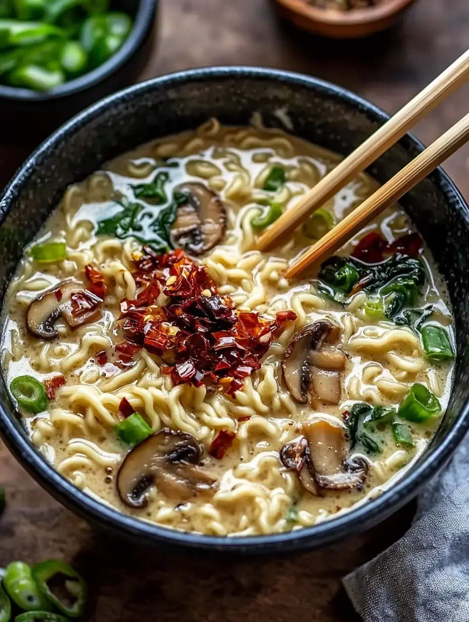 Nahaufnahme einer Schüssel cremiger Ramen-Nudeln mit geschnittenen Pilzen, Frühlingszwiebeln und roten Chiliflocken, daneben liegen Essstäbchen.