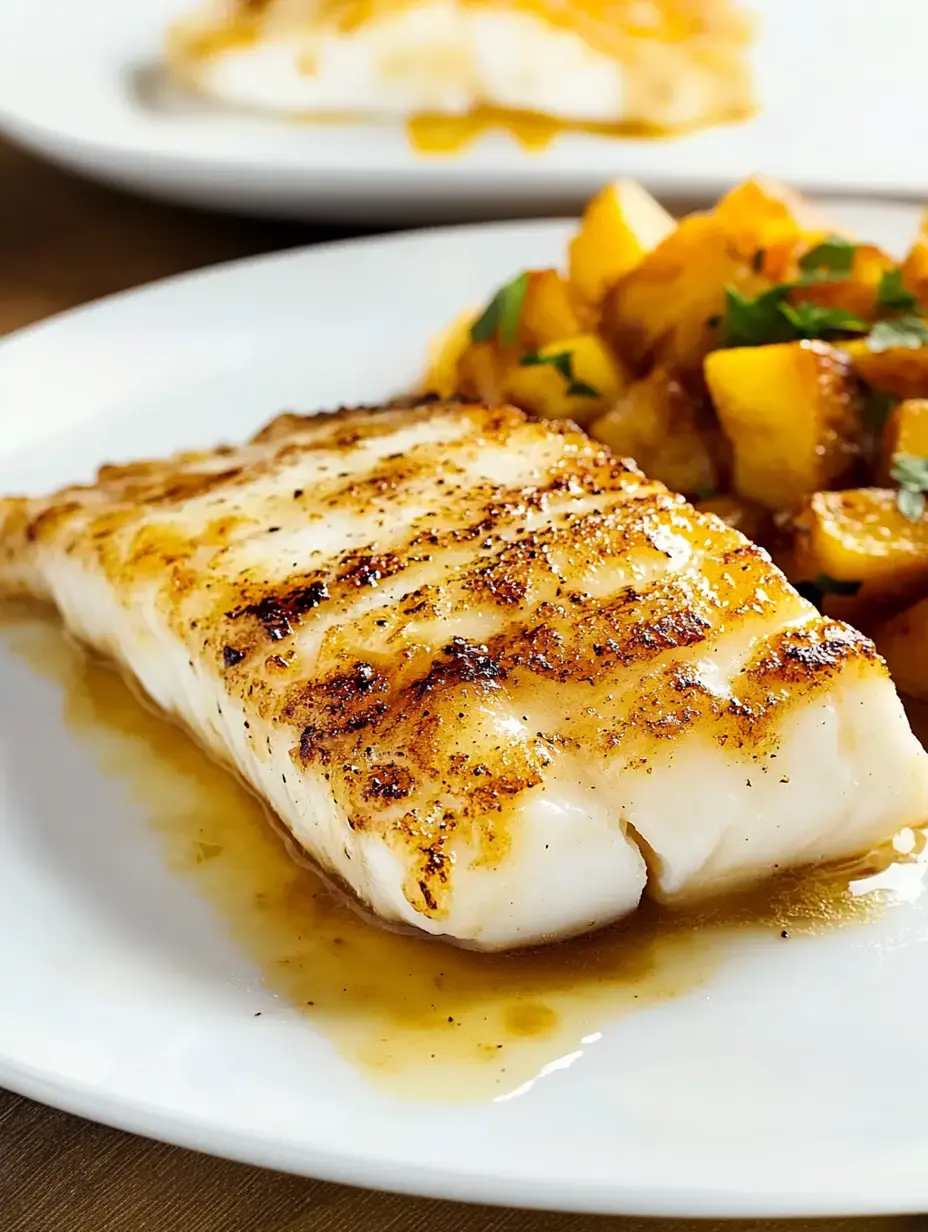 Ein gegrilltes Fischstück mit einer Beilage aus gewürfeltem, sautiertem Gemüse auf einem weißen Teller.