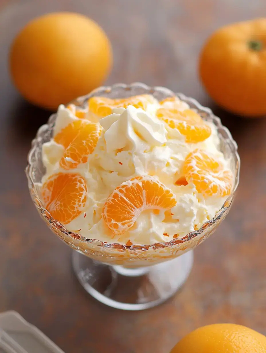 Eine Glasschüssel mit Schlagsahne und Orangenstücken, umgeben von ganzen Orangen auf einer Holzoberfläche.