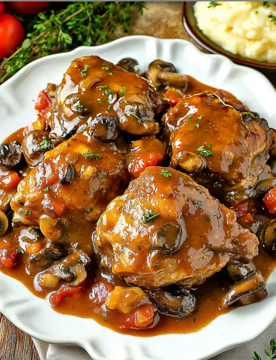 Ein Teller mit zarten Hühnchenschenkeln, bedeckt mit einer reichhaltigen Pilz-Tomaten-Soße, garniert mit Kräutern, daneben eine Portion Kartoffelpüree.