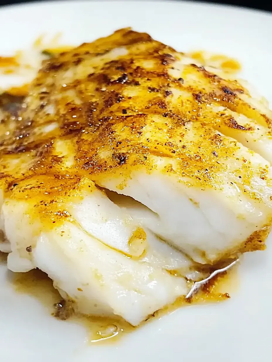 Eine Nahaufnahme eines gegrillten Fischstücks, garniert mit Gewürzen und einer leichten Soße auf einem weißen Teller.