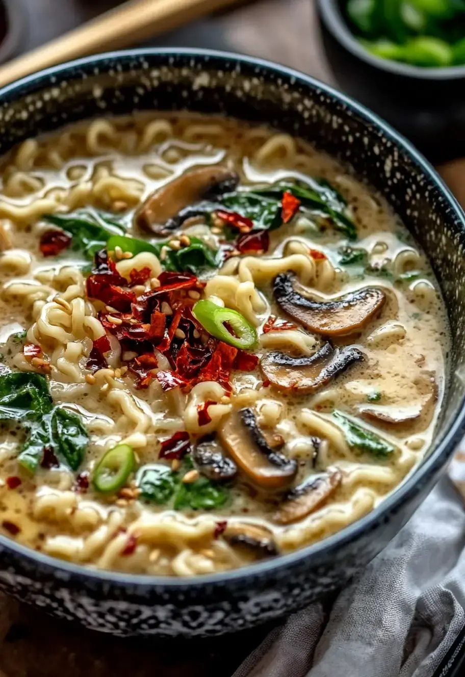 Nahaufnahme einer Schüssel cremiger Nudelsuppe belegt mit Spinat, Pilzen, Frühlingszwiebeln und roten Chiliflocken.