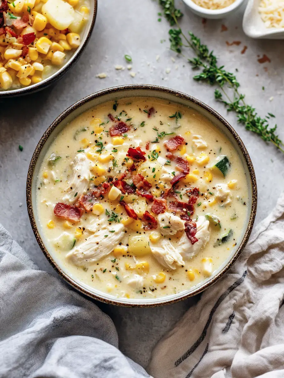 Eine Nahaufnahme einer cremigen Hähnchen-Mais-Suppe garniert mit Speck und Kräutern in einer rustikalen Schüssel, daneben eine zweite Schüssel mit Mais und Kartoffeln.