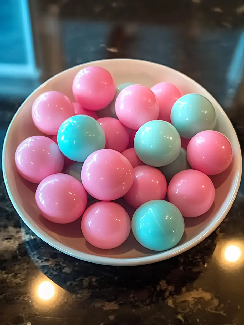 Eine Schüssel gefüllt mit rosa und mintgrünen Plastikkugeln auf einer dunklen Arbeitsplatte.
