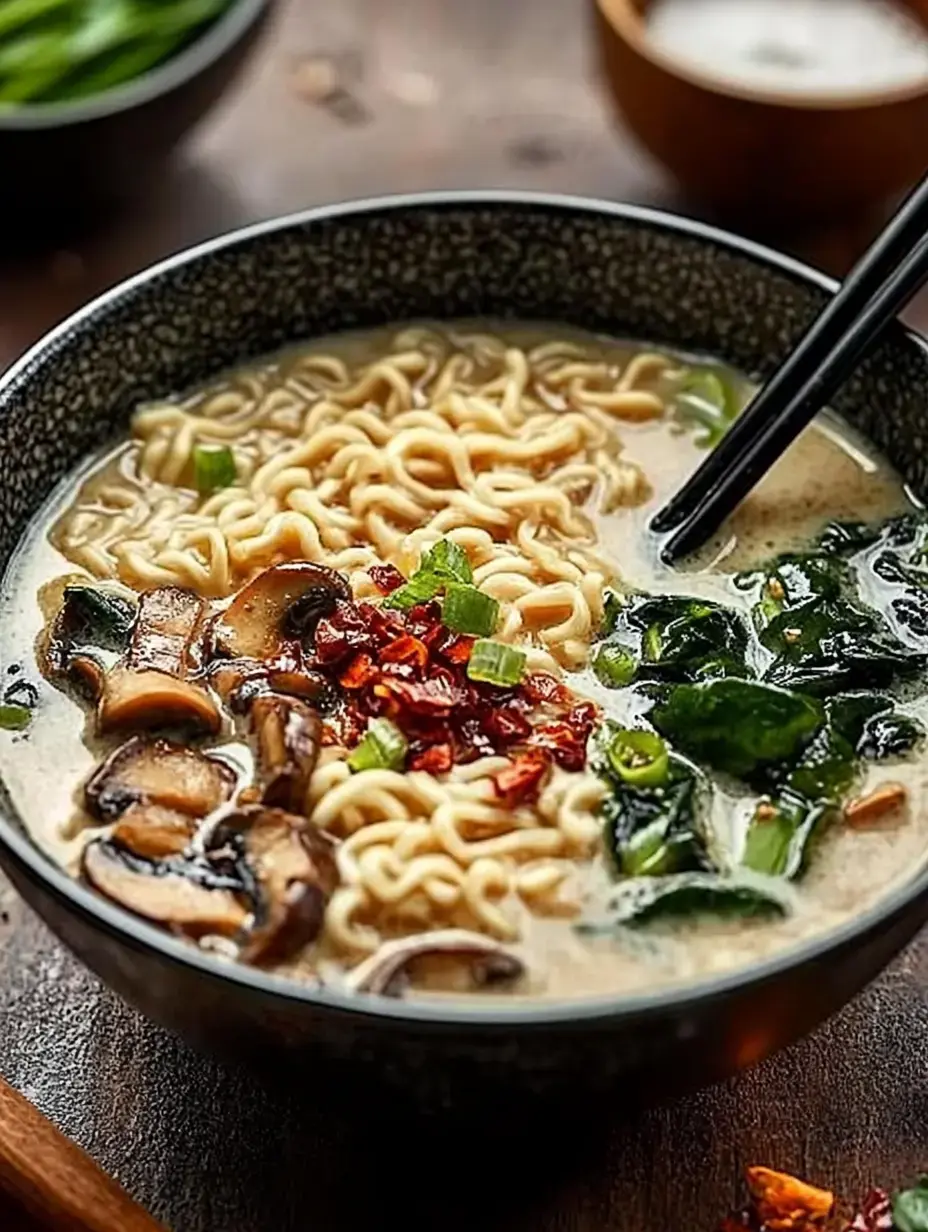 Eine Schüssel cremiger Ramen belegt mit Pilzen, Frühlingszwiebeln, Seetang und roten Chiliflocken.