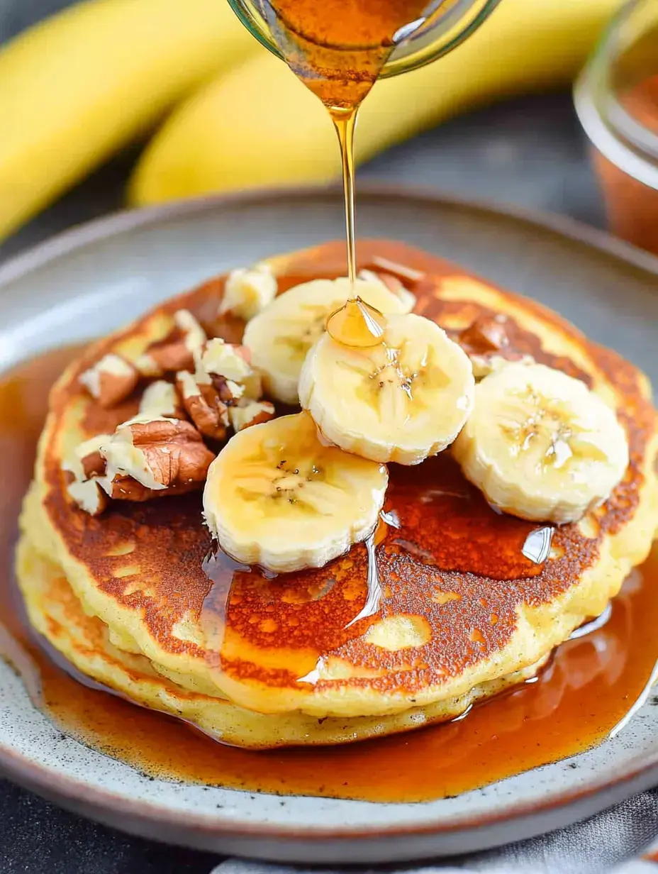 Ein Stapel Pfannkuchen mit Bananenscheiben, Nüssen und Sirup auf einem Teller.