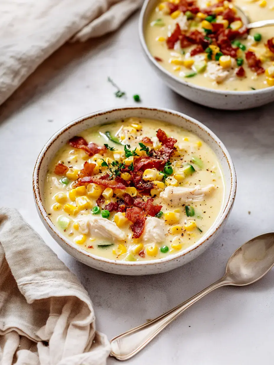 Nahaufnahme von zwei Schüsseln cremiger Maissuppe mit Speck, Frühlingszwiebeln und zerpflücktem Hähnchen, daneben ein Silberlöffel und eine Leinenserviette.