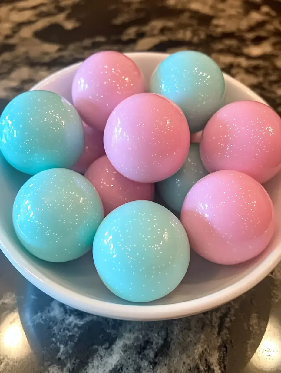Eine Schüssel enthält eine Sammlung glänzender rosa und blauer Kugeln mit glitzernder Oberfläche.