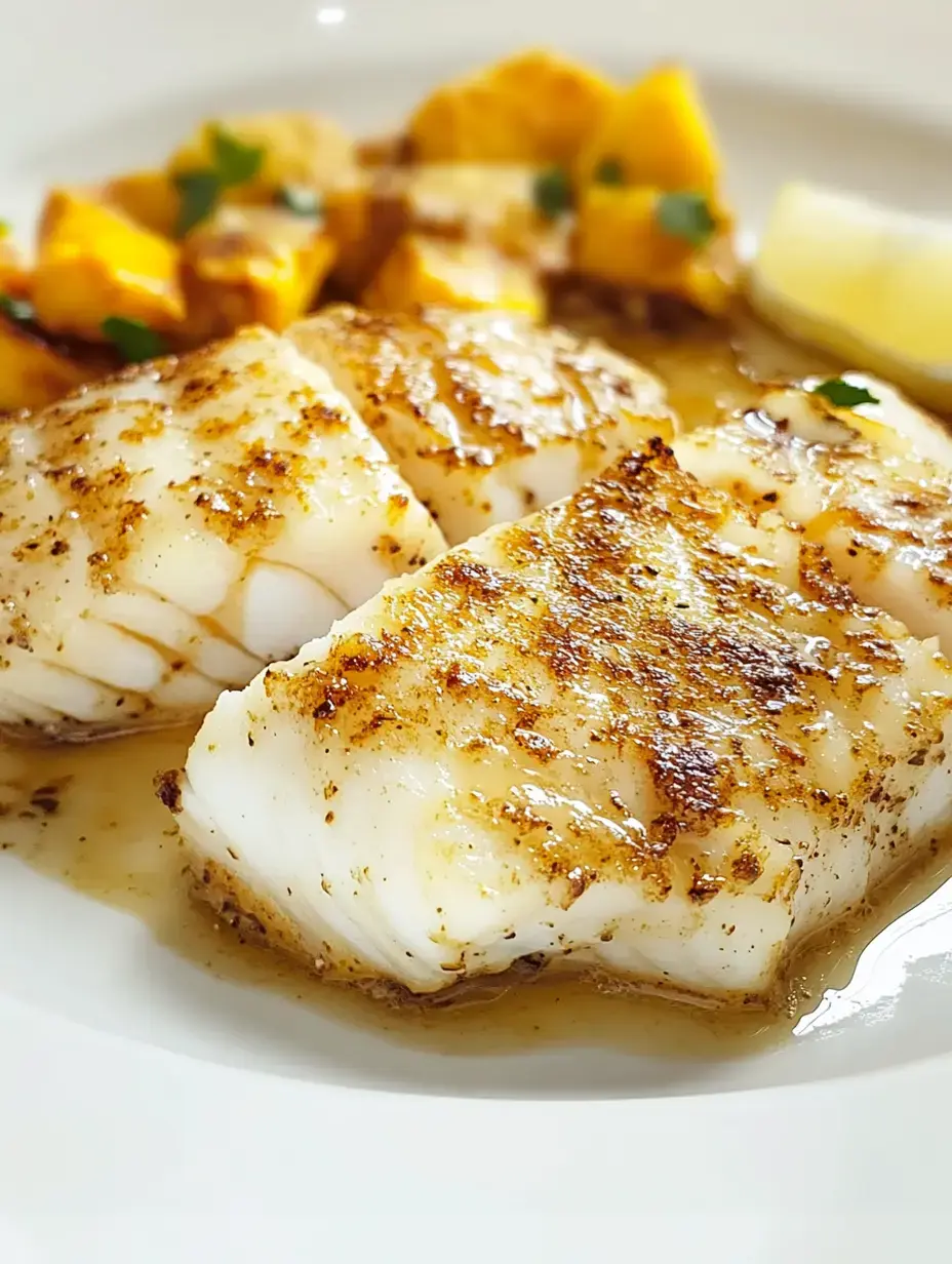 Gegrillte Fischfilets serviert mit gerösteten Süßkartoffeln und einer Zitronenspalte.