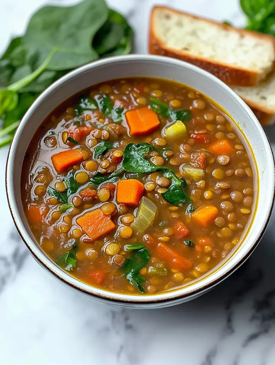 Eine Schüssel Linsensuppe gefüllt mit Gemüse, darunter Karotten und Spinat, begleitet von Brotscheiben.