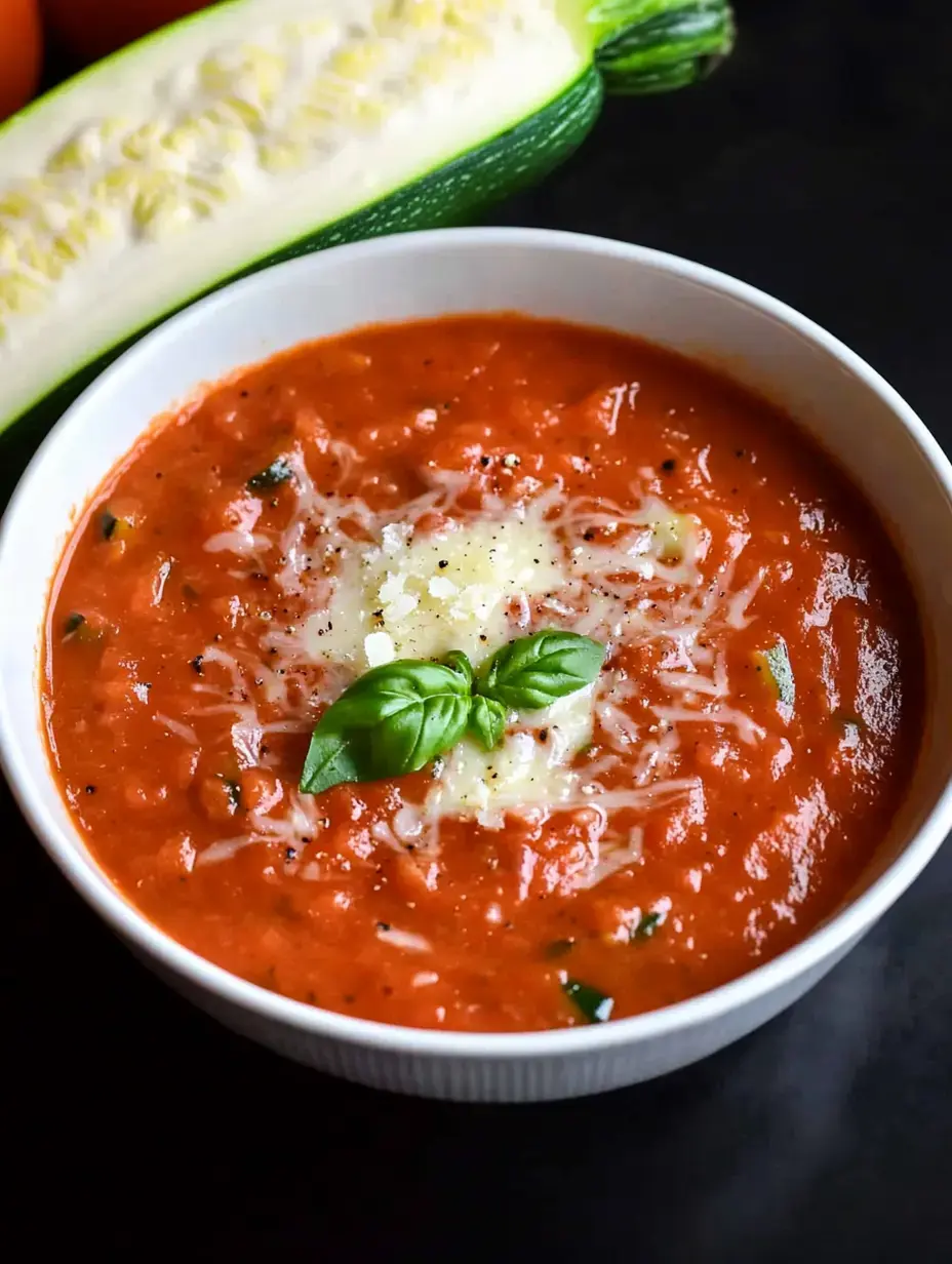 Eine Schüssel Tomatensuppe mit geriebenem Käse und Basilikumblatt, umgeben von frischem Gemüse.