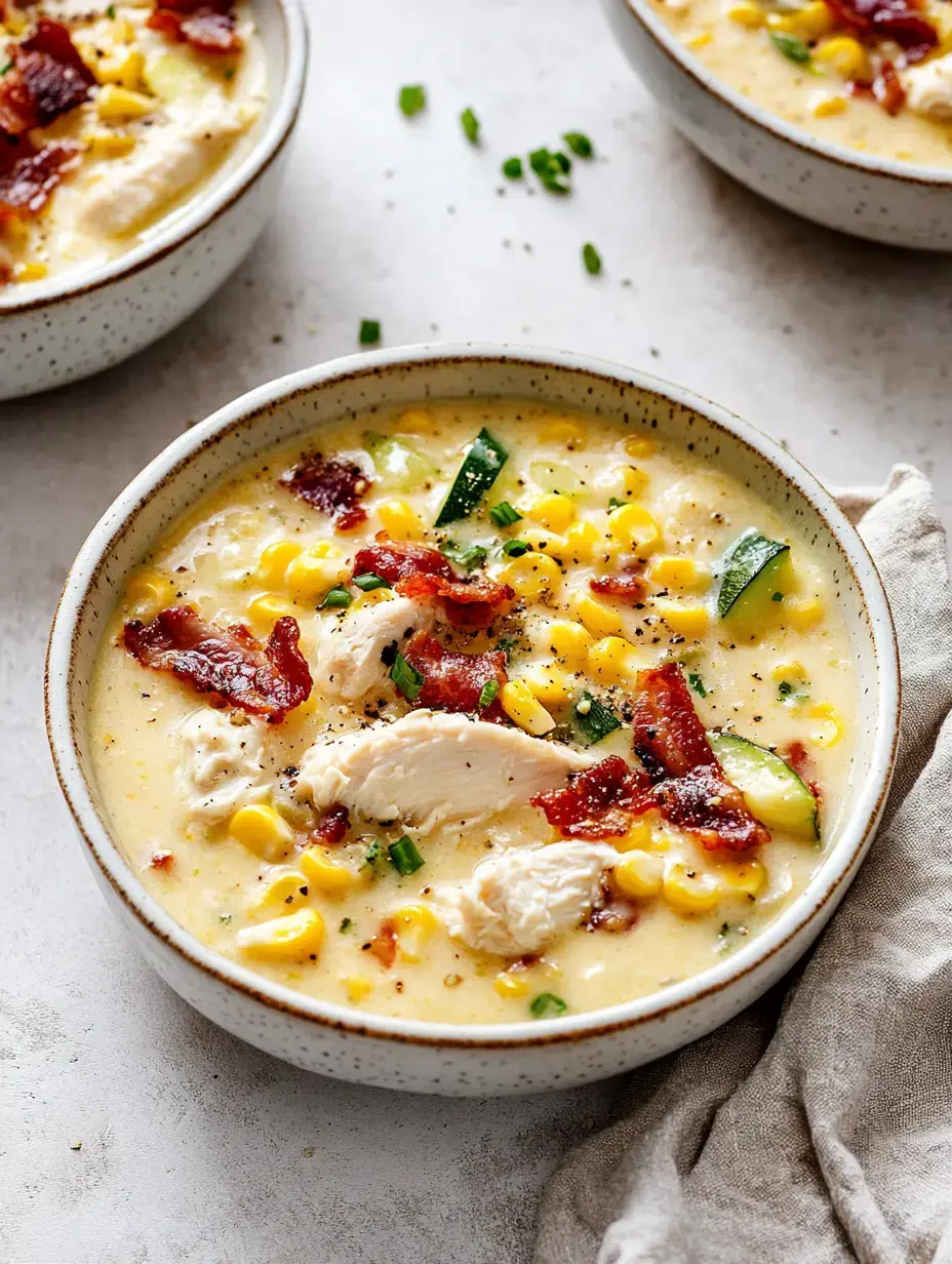 Eine Schüssel cremige Maissuppe garniert mit Speckstückchen, Hähnchen und Frühlingszwiebeln.