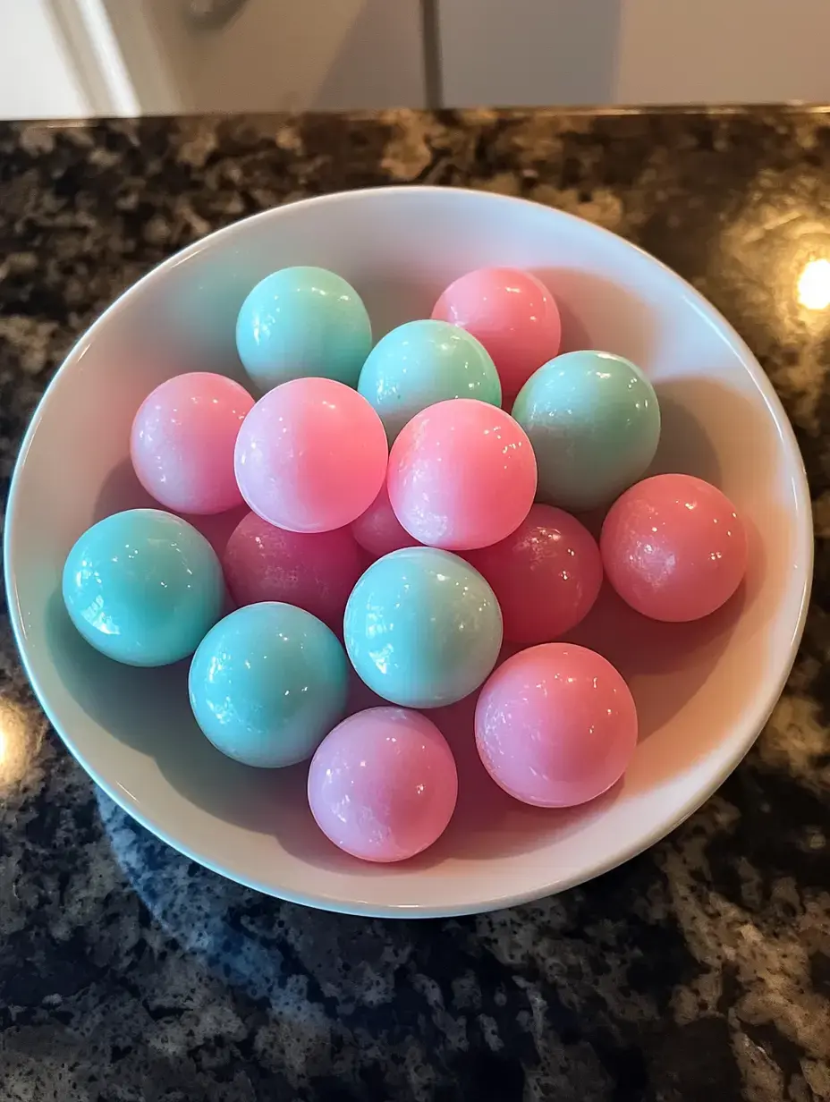 Eine Schüssel mit bunten kugelförmigen Süßigkeiten in Rosa- und Blautönen steht auf einer dunklen Granitfläche.