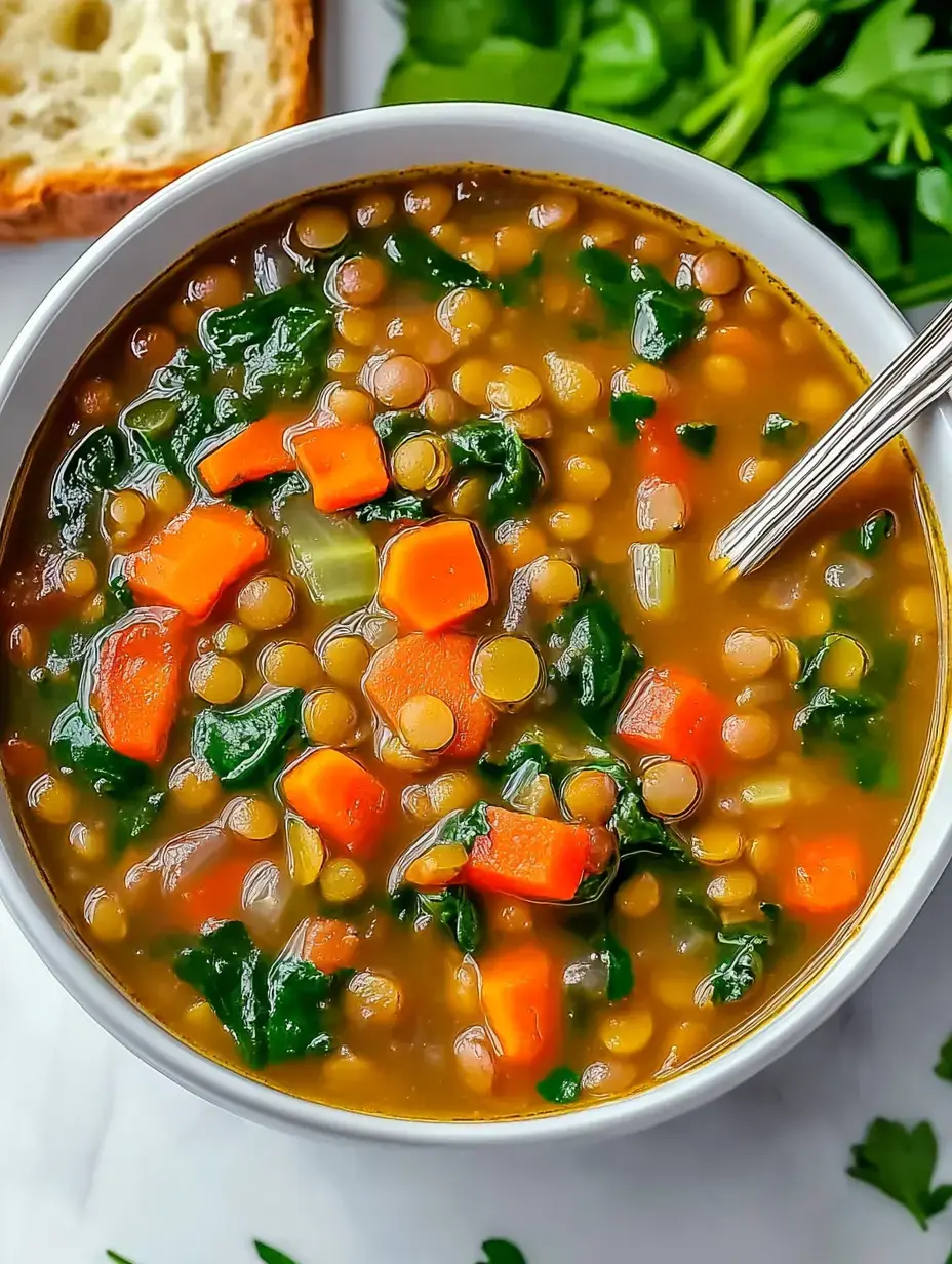 Eine Schüssel Linsensuppe mit Karotten, Spinat und einem Löffel, daneben eine Scheibe Brot und frisches Grün.