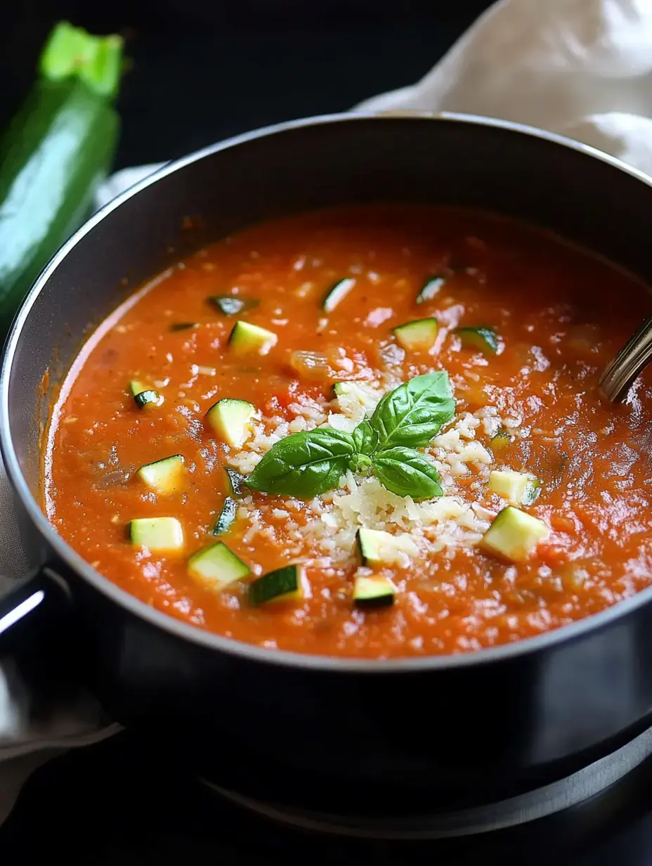 Ein schwarzer Topf gefüllt mit Tomatensuppe, garniert mit gewürfelter Zucchini, geriebenem Käse und Basilikumblatt, daneben eine Zucchini.