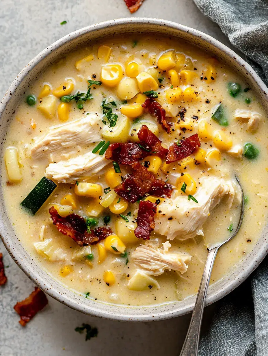 Eine Schüssel cremige Hähnchen-Mais-Suppe garniert mit Speckwürfeln und frischen Kräutern.