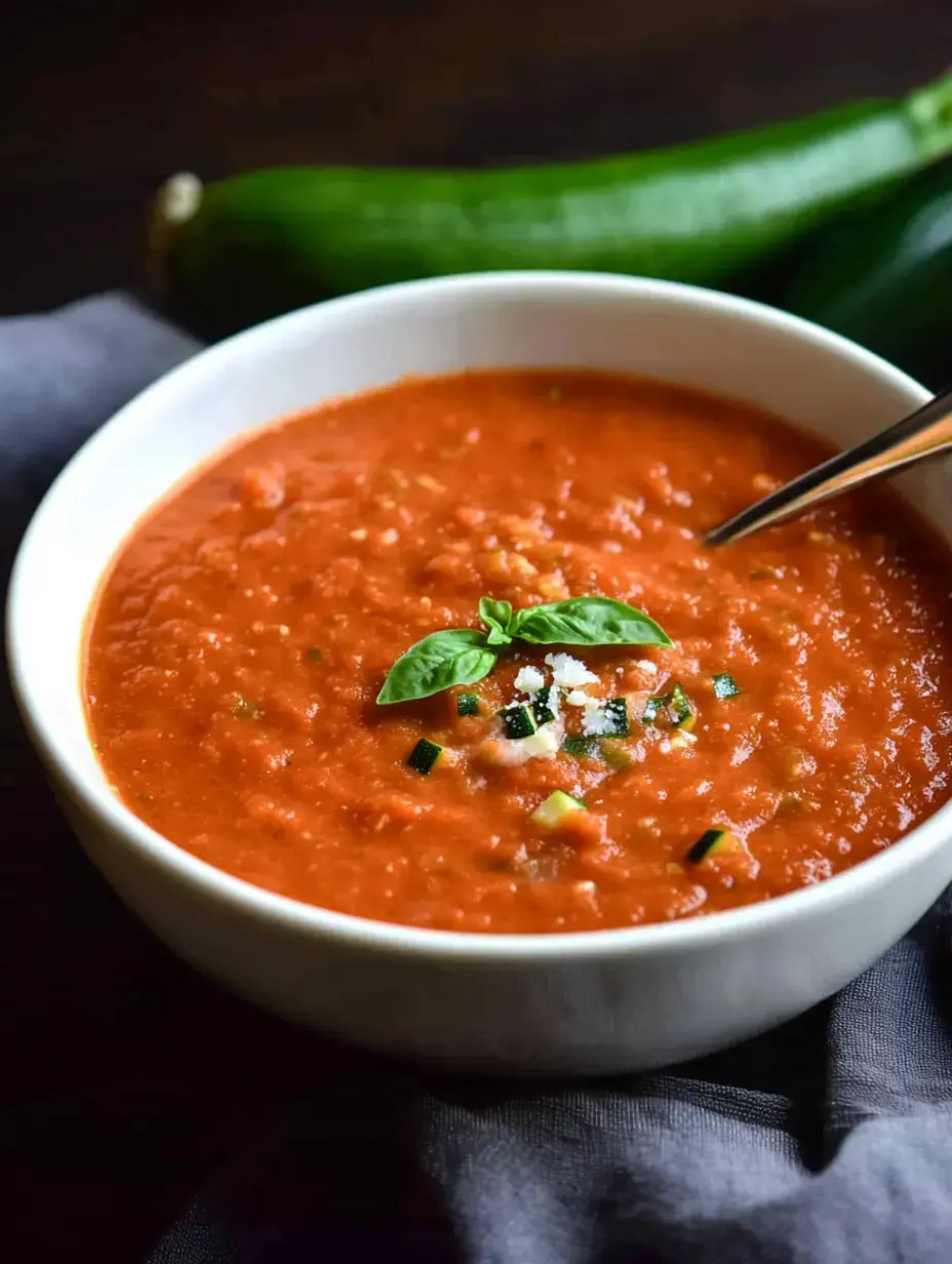 Eine weiße Schüssel Tomatensuppe garniert mit Basilikum und gewürfeltem Gemüse, daneben frische Zucchini auf dunkler Unterlage.