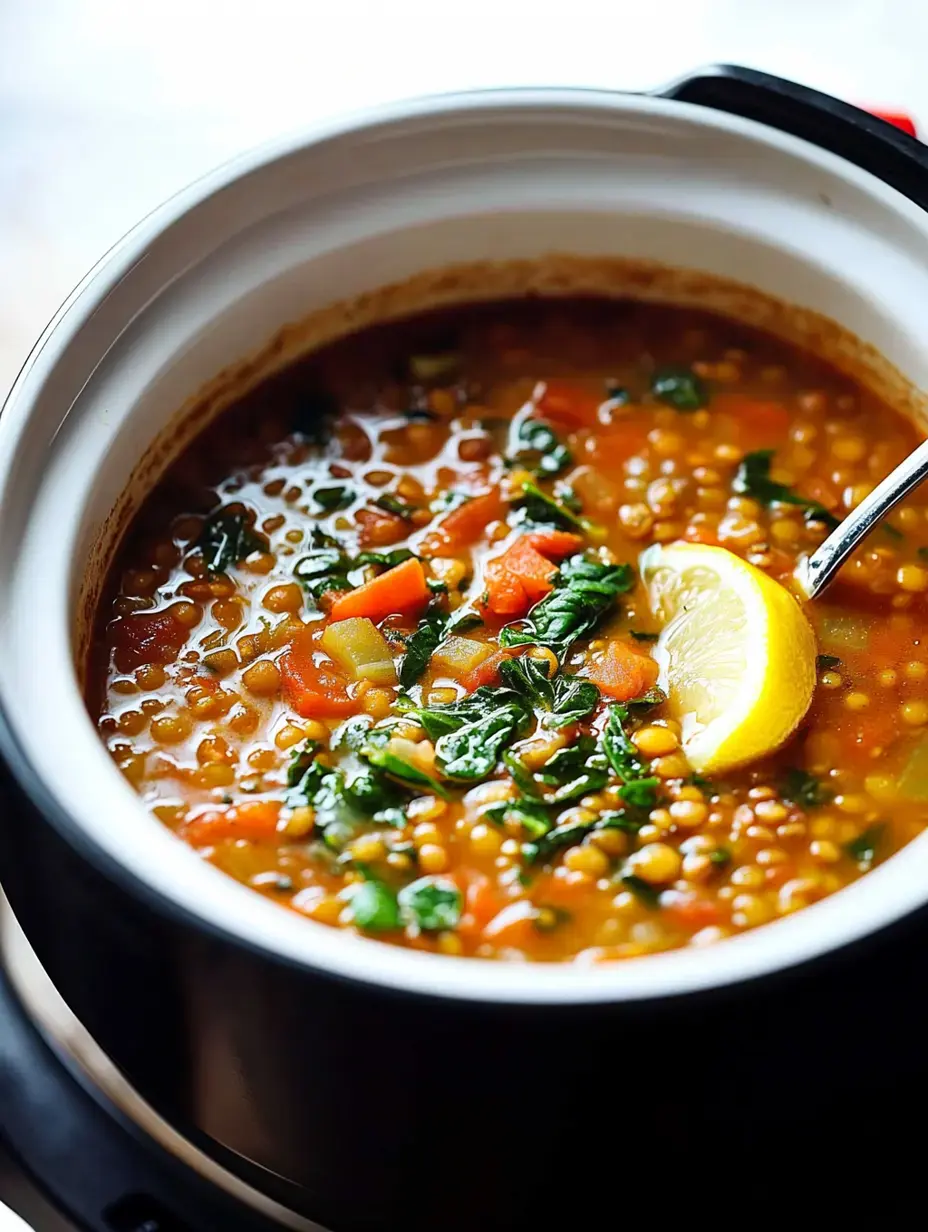 Eine Nahaufnahme einer Schüssel Gemüse-Linsensuppe mit Spinat und einer Zitronenscheibe obendrauf.