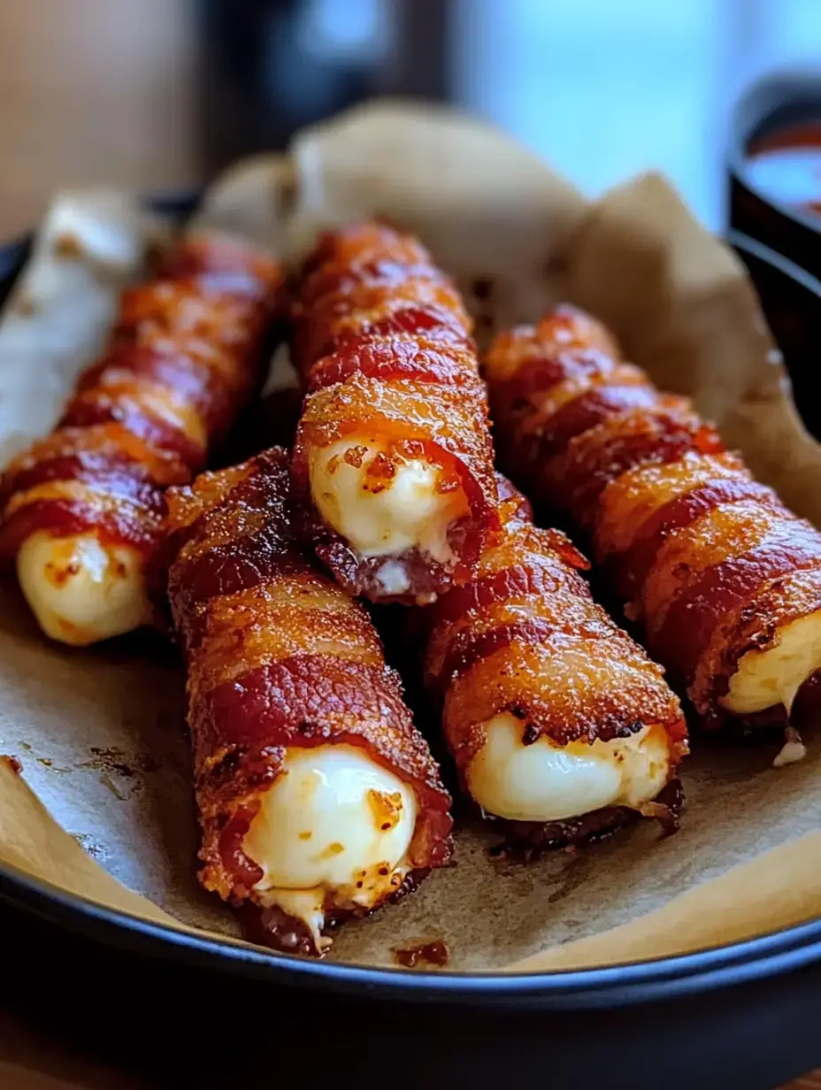 Speckumwickelte Mozzarellasticks auf einem Teller mit Backpapier angerichtet.