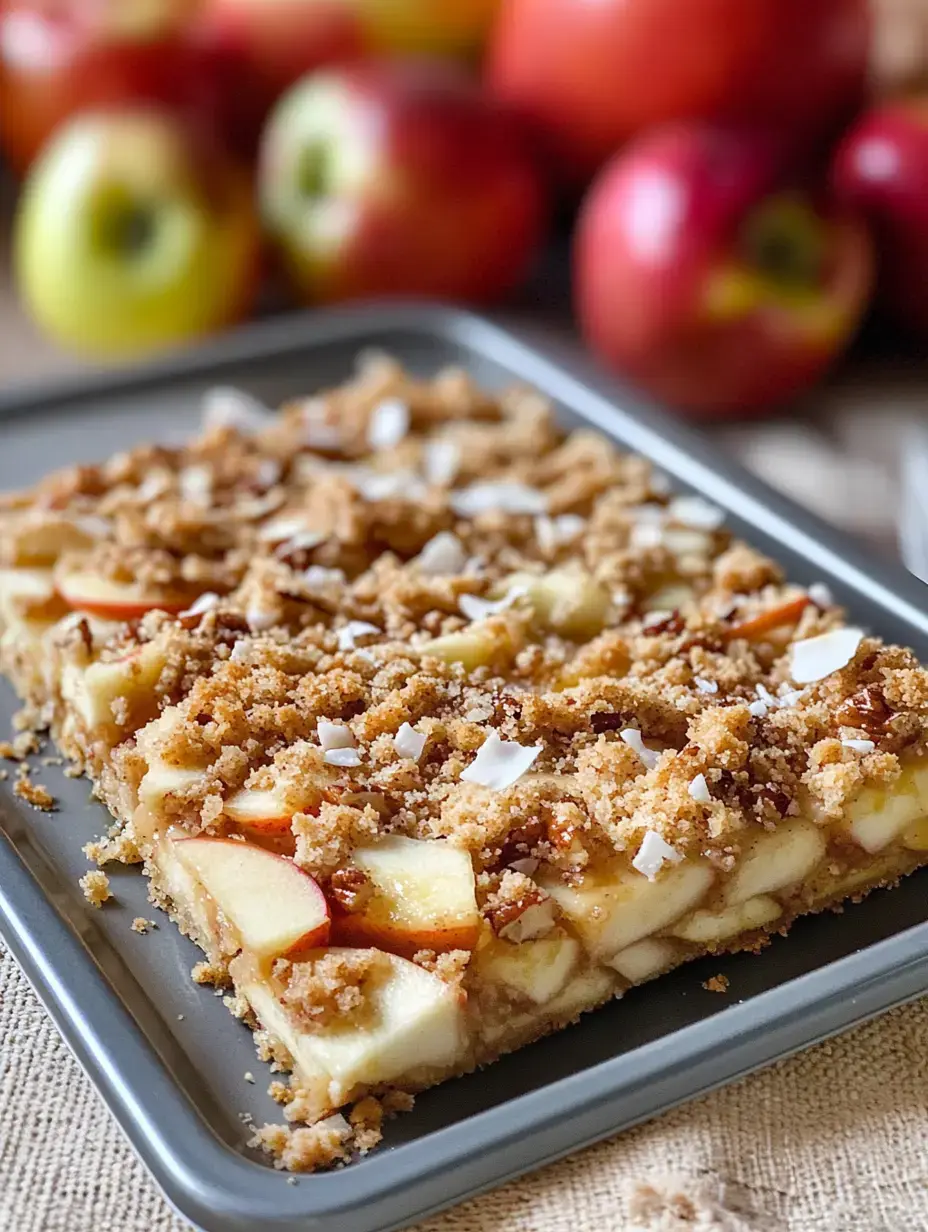 Ein Blech mit Apfeldessert, bedeckt mit krümeligen Streuseln und umgeben von frischen Äpfeln im Hintergrund.