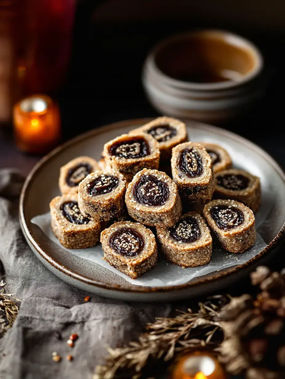 Ein Teller mit süßen, gerollten Desserts gefüllt mit einer dunklen marmeladenartigen Mitte, bestreut mit Sesamsamen, umgeben von einer gemütlichen, sanft beleuchteten Umgebung.