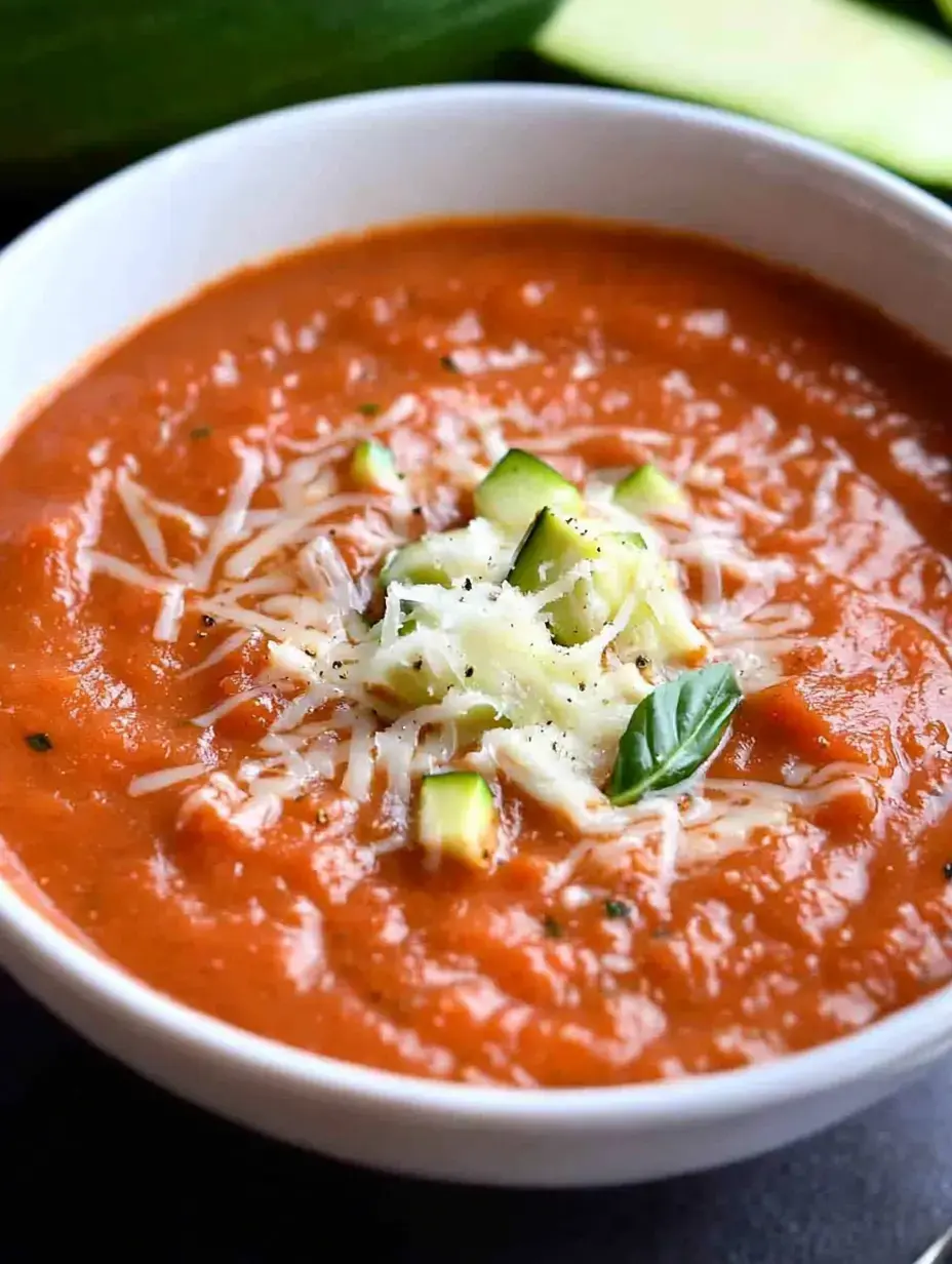 Eine Schüssel cremige Tomatensuppe mit geriebenem Käse und gewürfelter Zucchini, garniert mit einem Basilikumblatt.