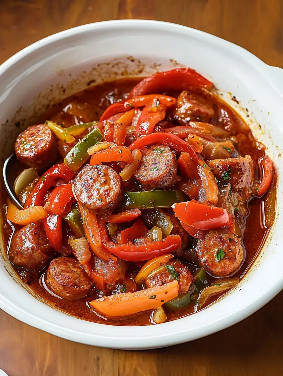 Eine weiße Schüssel gefüllt mit gebratenen Wurstscheiben und einer bunten Mischung aus roten, grünen und gelben Paprikaschoten in einer reichhaltigen Soße.