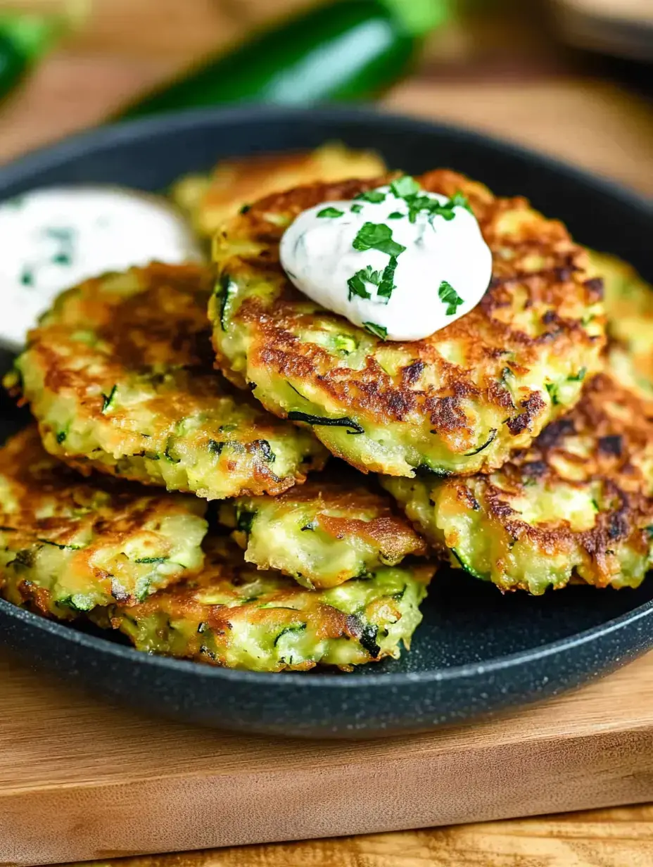 Ein Teller mit goldbraunen Zucchinipuffern, darauf ein Klecks saure Sahne und als Dekoration Petersilie.