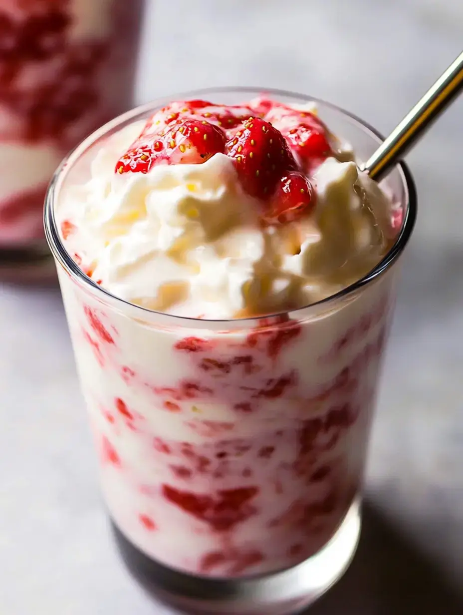 Eine Nahaufnahme eines Glases gefüllt mit Schichten aus cremigem Joghurt, Erdbeerpüree und frischen Erdbeeren obendrauf.