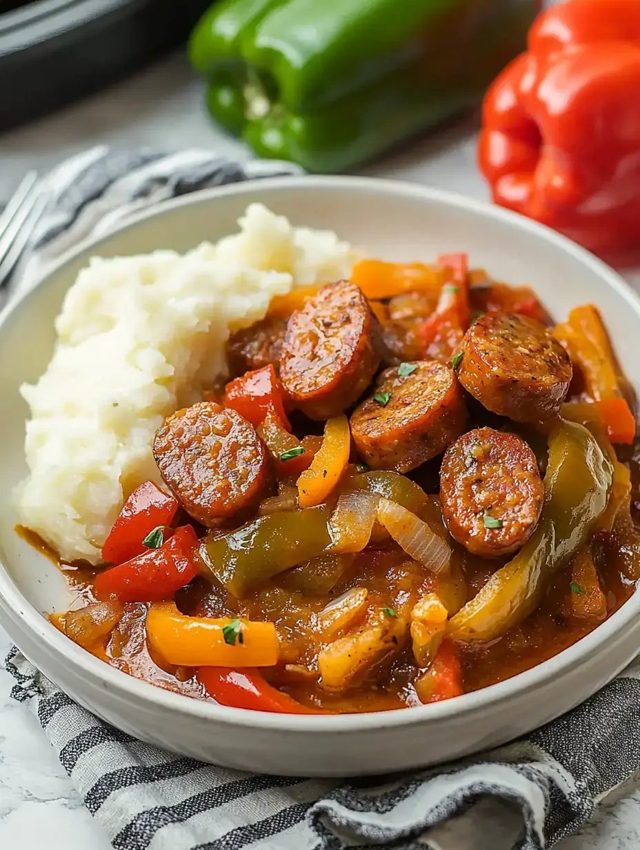 Eine Schüssel Kartoffelbrei serviert mit gebratenen Würstchen und buntem Paprika in würziger Soße, mit frischen Kräutern garniert.