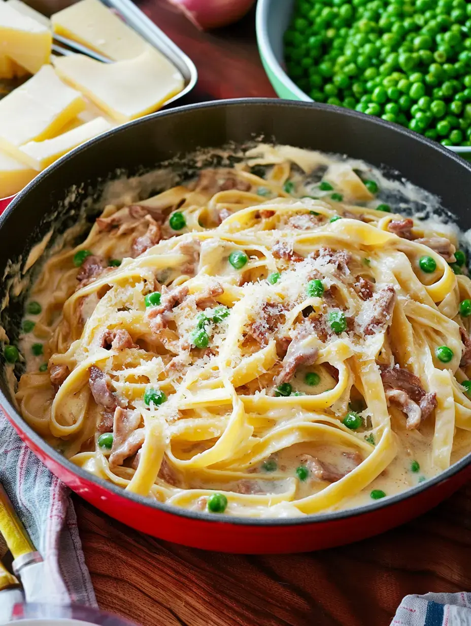 Ein cremiges Pastagericht mit Fettuccine, Erbsen und zerkleinertem Fleisch, garniert mit geriebenem Käse, serviert in einer roten Pfanne.