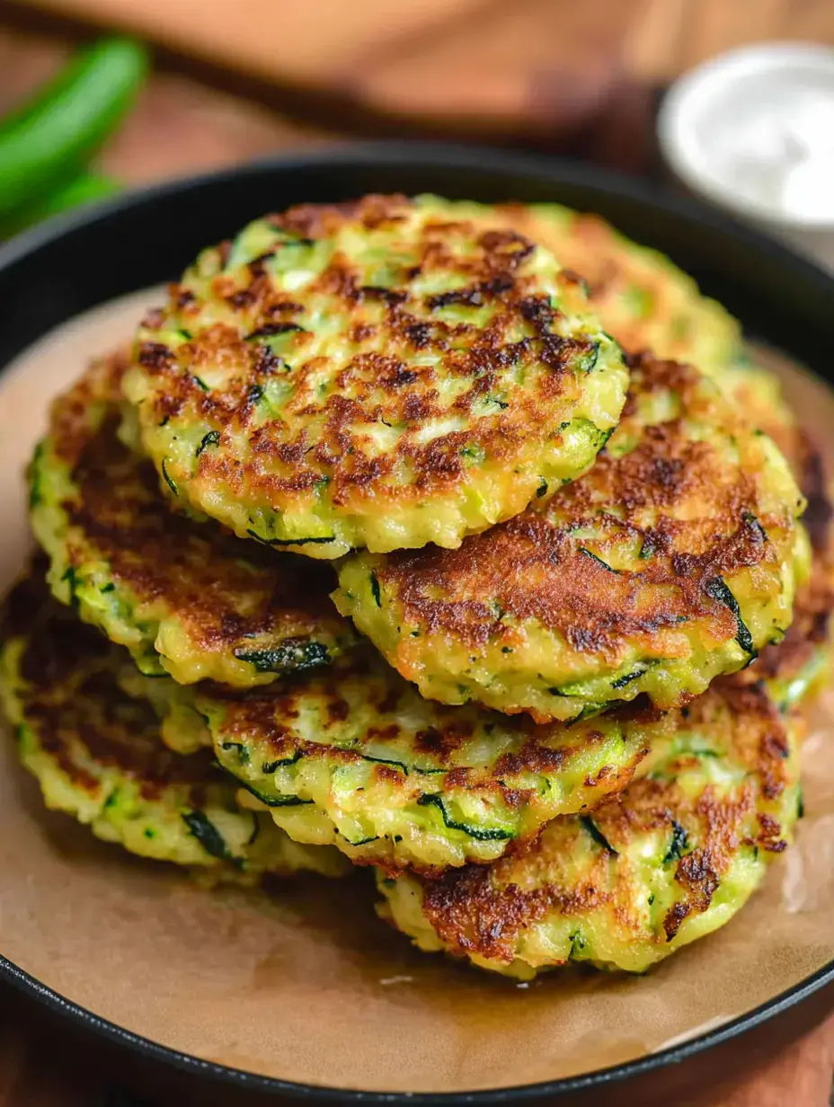 Ein Stapel goldbrauner Zucchinipuffer wird auf einem Teller präsentiert, mit einer Dipsoße im Hintergrund.