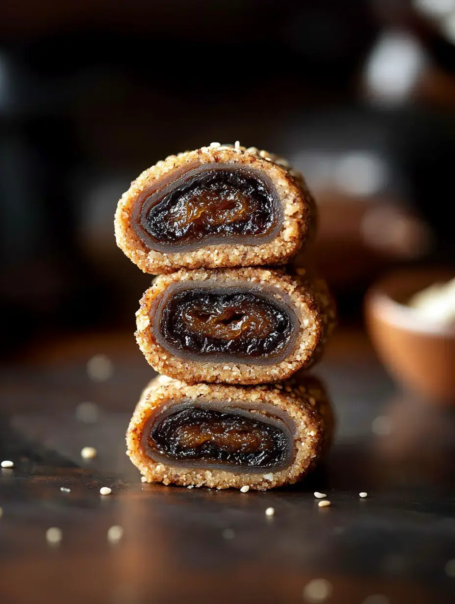 Ein Stapel von drei halbierten, mit Sesam überzogenen Snacks, die eine dunkle, süße Füllung im Inneren zeigen.
