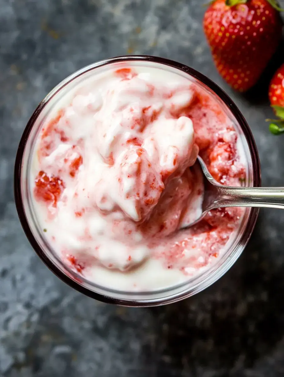 Eine Schüssel mit cremigem Erdbeerjoghurt steht mit einem Löffel darin, daneben frische Erdbeeren.