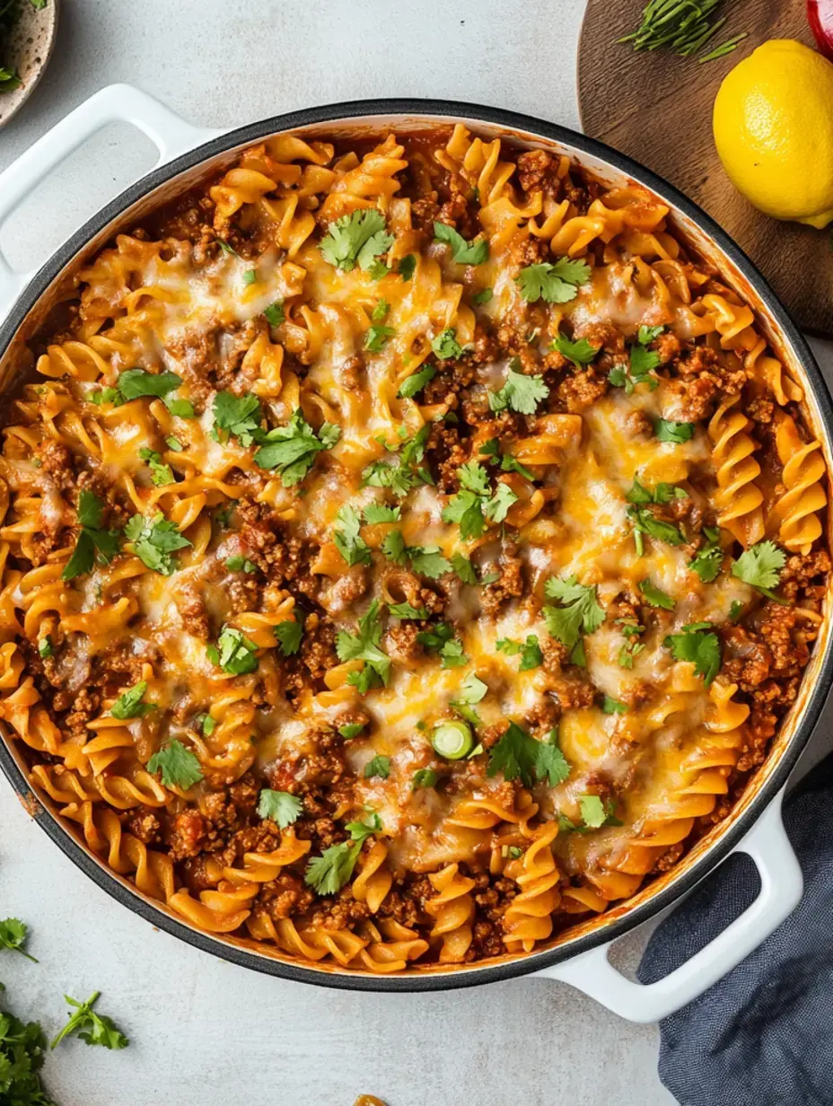 Eine Nahaufnahme einer Pfanne mit käsigen, fleischigen Nudeln, garniert mit frischem Koriander.