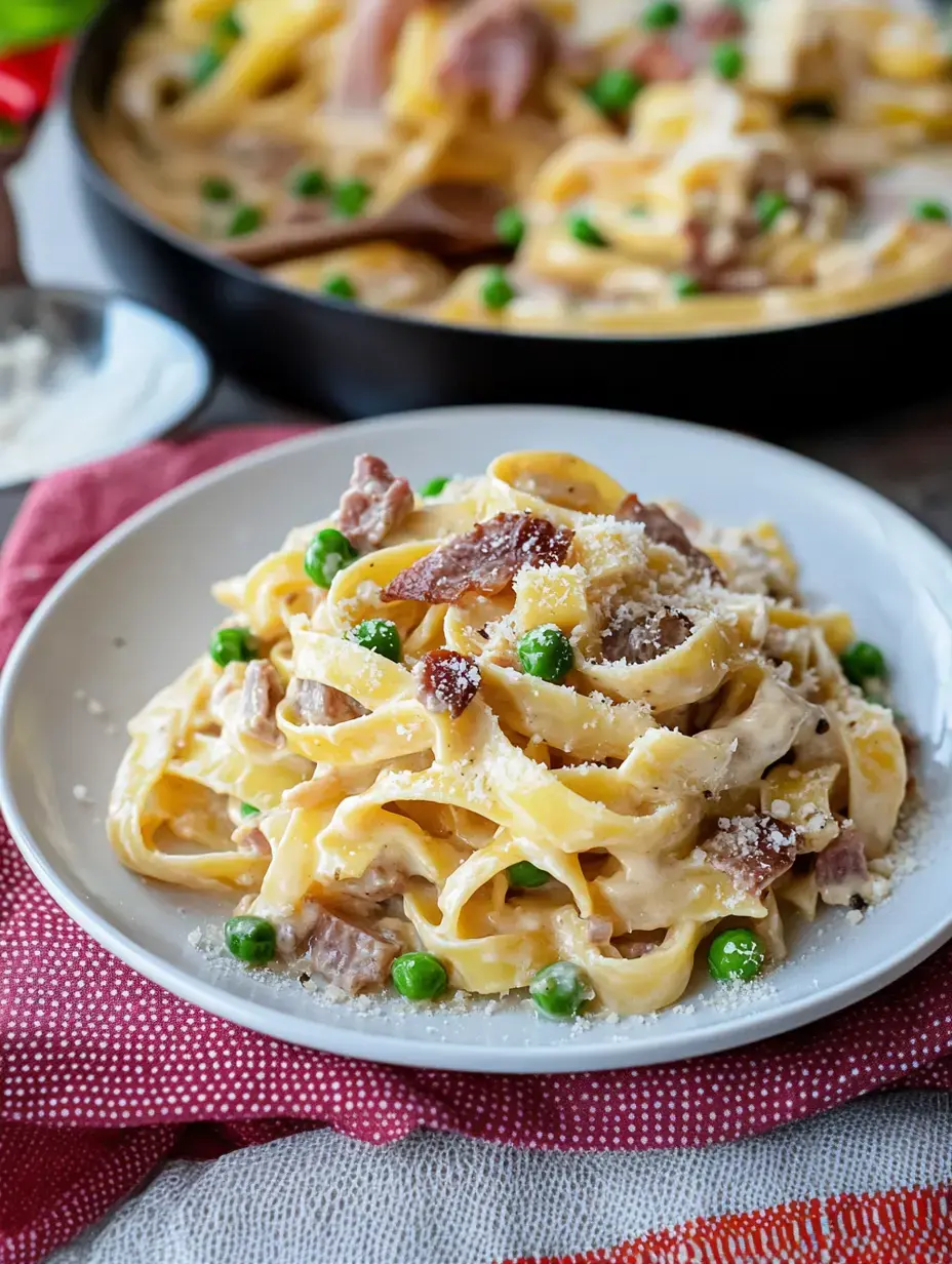 Ein Teller cremiger Fettuccine-Nudeln gemischt mit Erbsen und Schinkenstückchen, garniert mit geriebenem Parmesankäse, steht auf einer gemusterten Tischdecke.