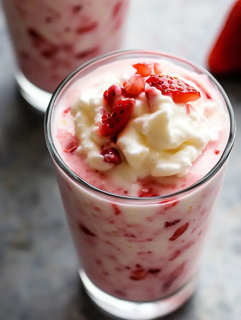 Ein Glas Erdbeer-Parfait mit Sahne und gewürfelten Erdbeeren, serviert vor einem strukturierten Hintergrund.