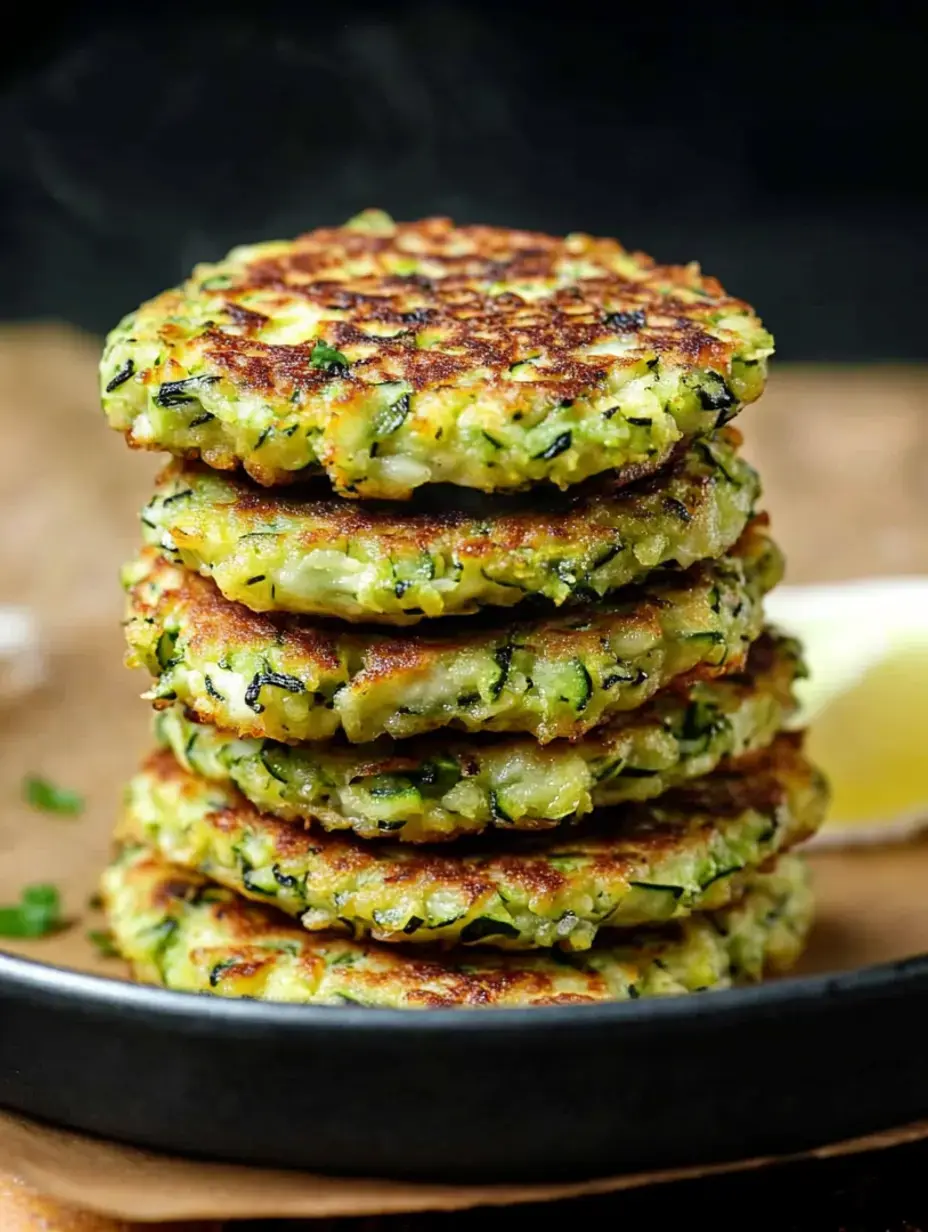Ein Stapel goldbrauner Zucchinipuffer auf einem schwarzen Teller, mit aufsteigendem Dampf.