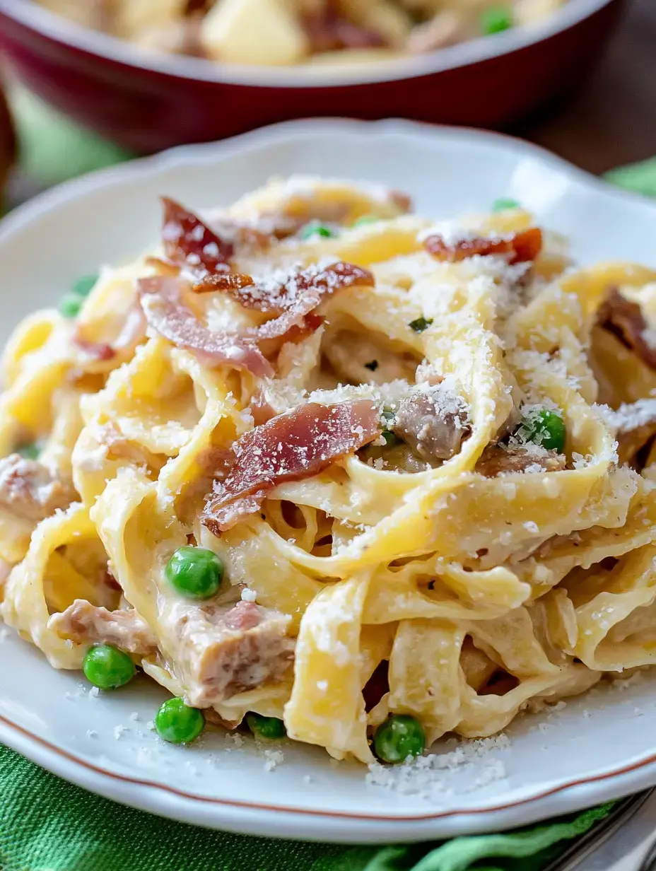 Eine Nahaufnahme eines Tellers mit cremiger Pasta, belegt mit Erbsen, knusprigem Speck und geriebenem Käse.