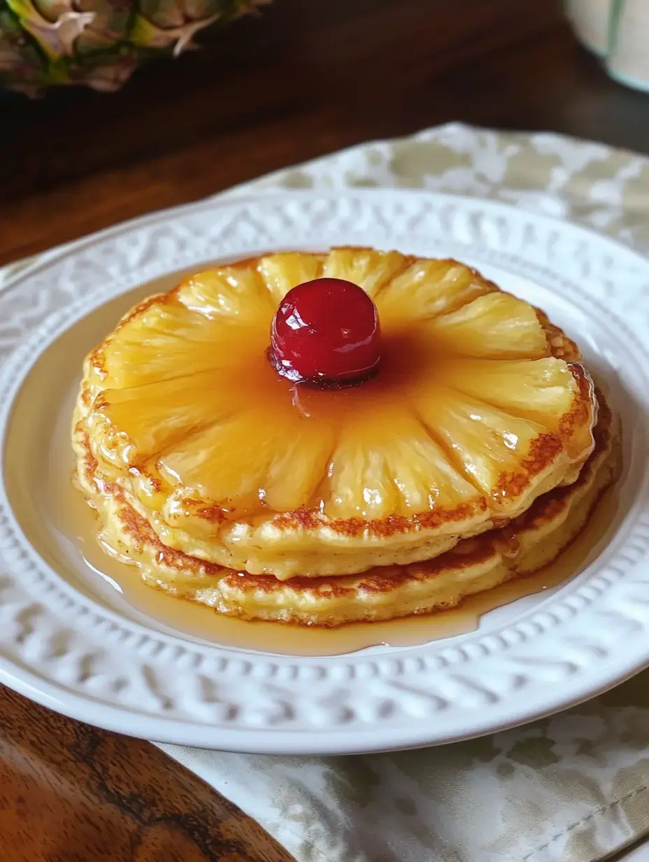 Ein Teller mit drei Ananas-Upside-Down-Pfannkuchen, verziert mit einer Kirsche und Sirup übergossen.